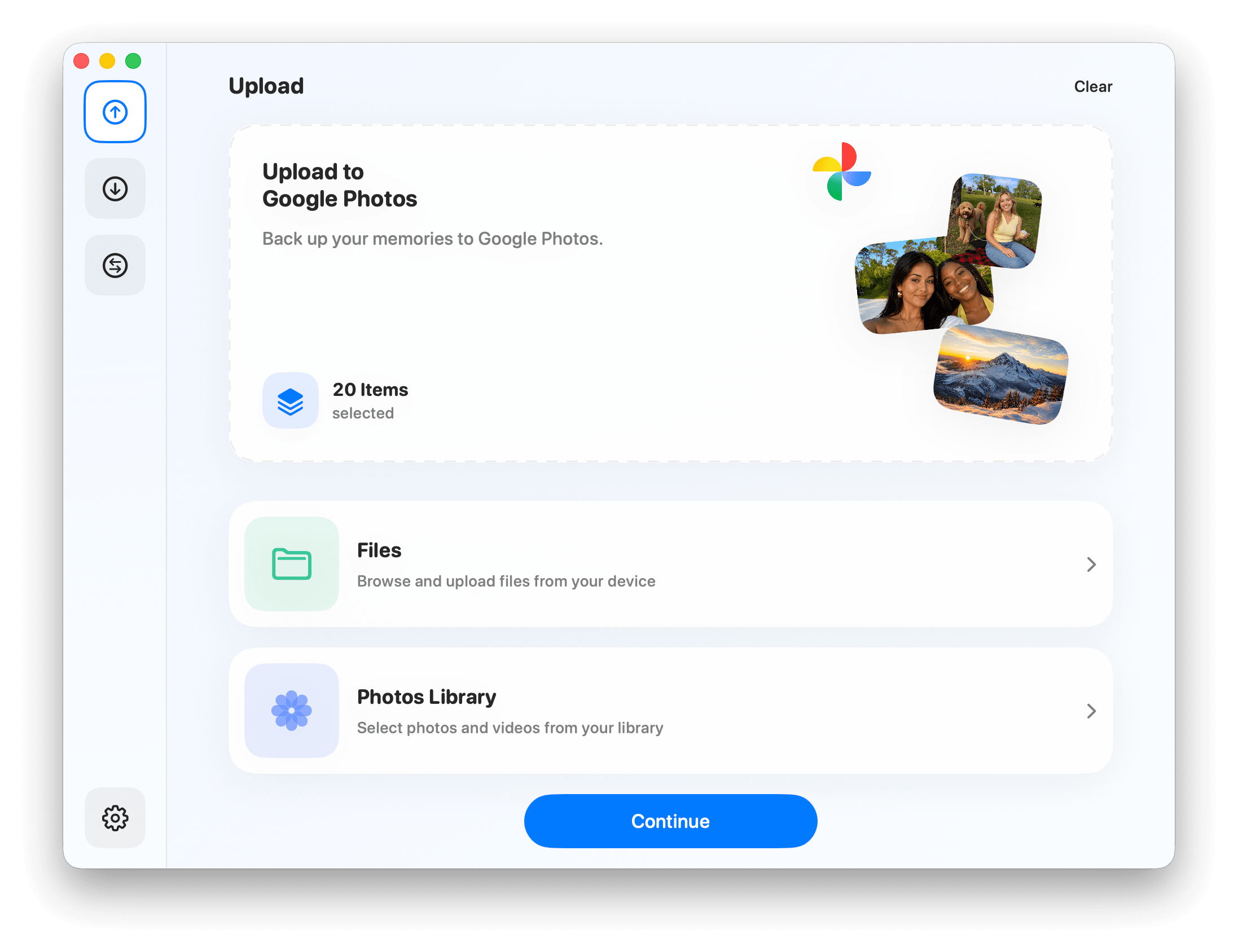 PhotosApp upload screen with Google Photos selected as the destination.
