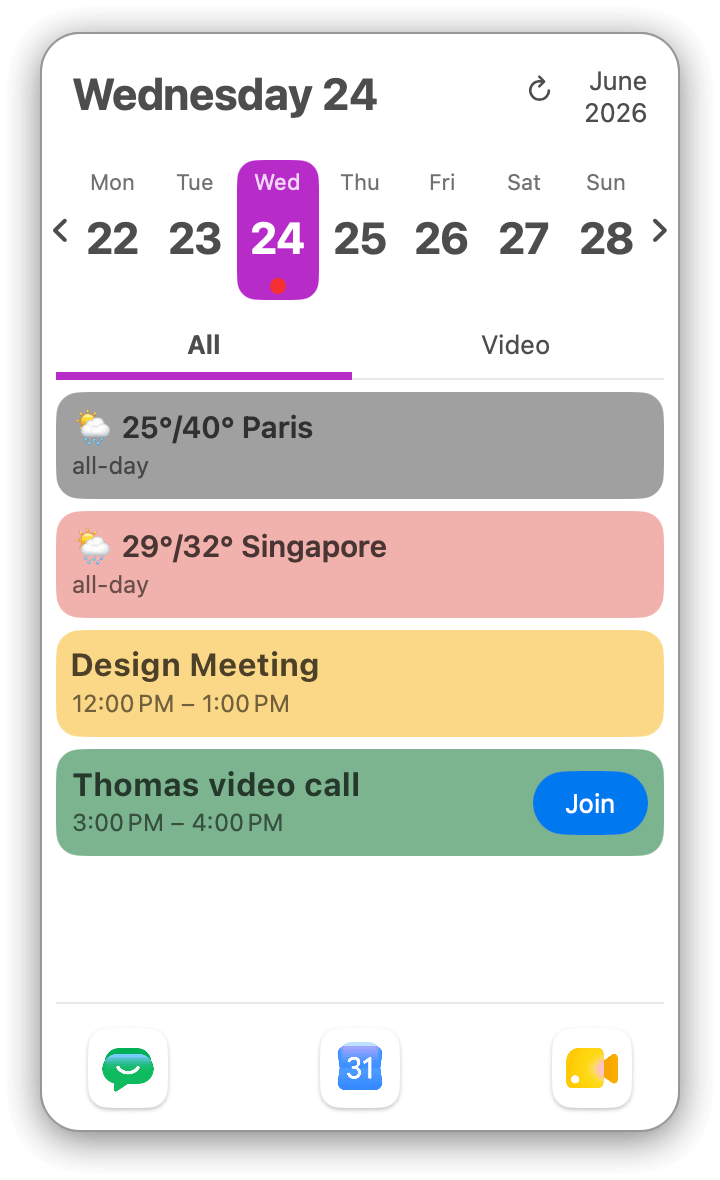 Meet+ day view showing a meeting schedule, weather, and a Join action.